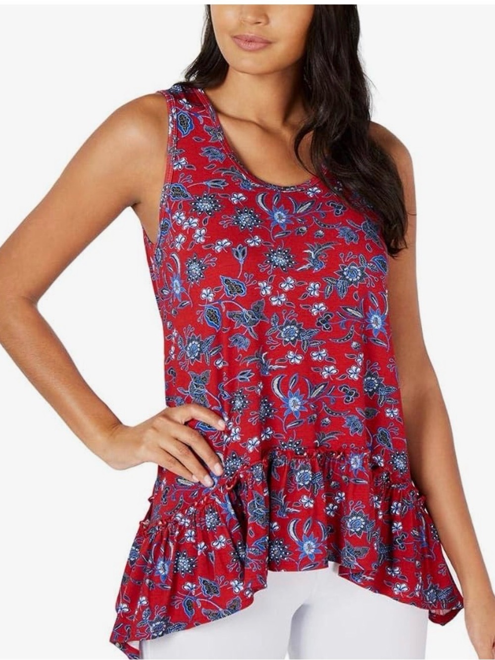 Karen Kane Red Floral Ruffle-Hem Tank